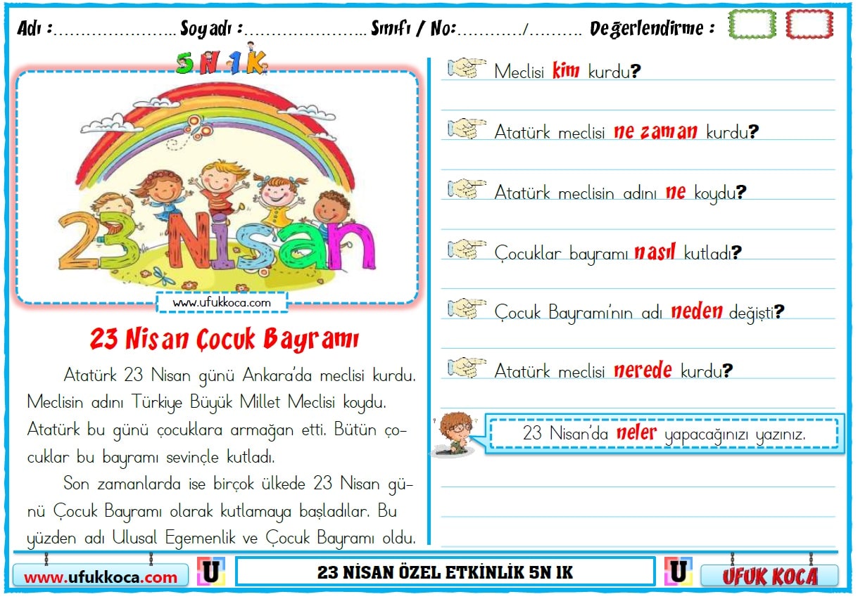 1 Sinif 23 Nisan Etkinlikleri 23 Nisan Okuma Anlama Etkinligi