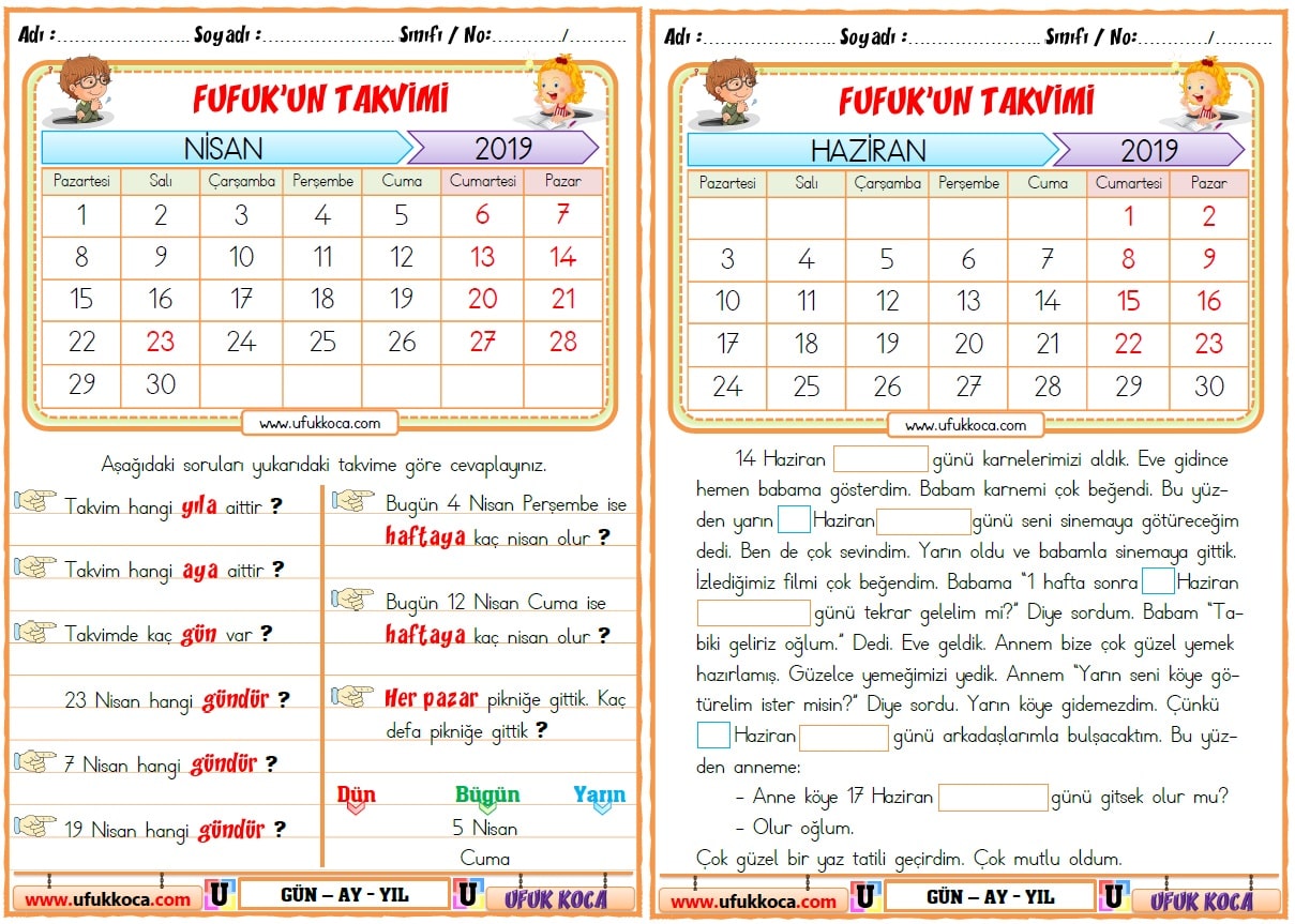 1 Sinif Matematik 2 Donem 1 Sinif Gun Ay Yil Etkinligi