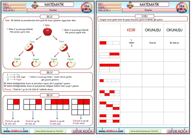 Kesirlerin Belirtilen Kismi Kadarini Boyama 2 Sinif Matematik Tum Dersler