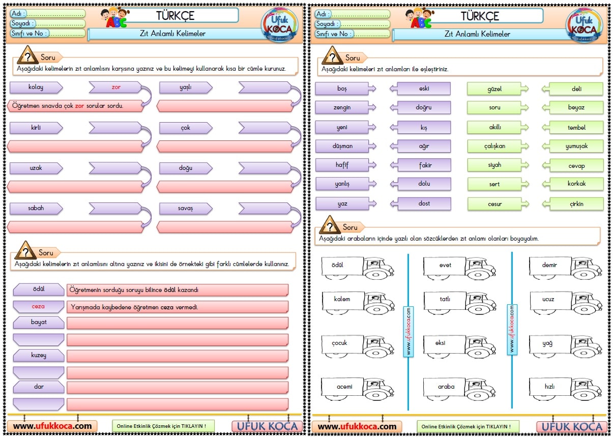5 3 Sinif Turkce Zit Anlamli Kelimeler Etkinlikleri