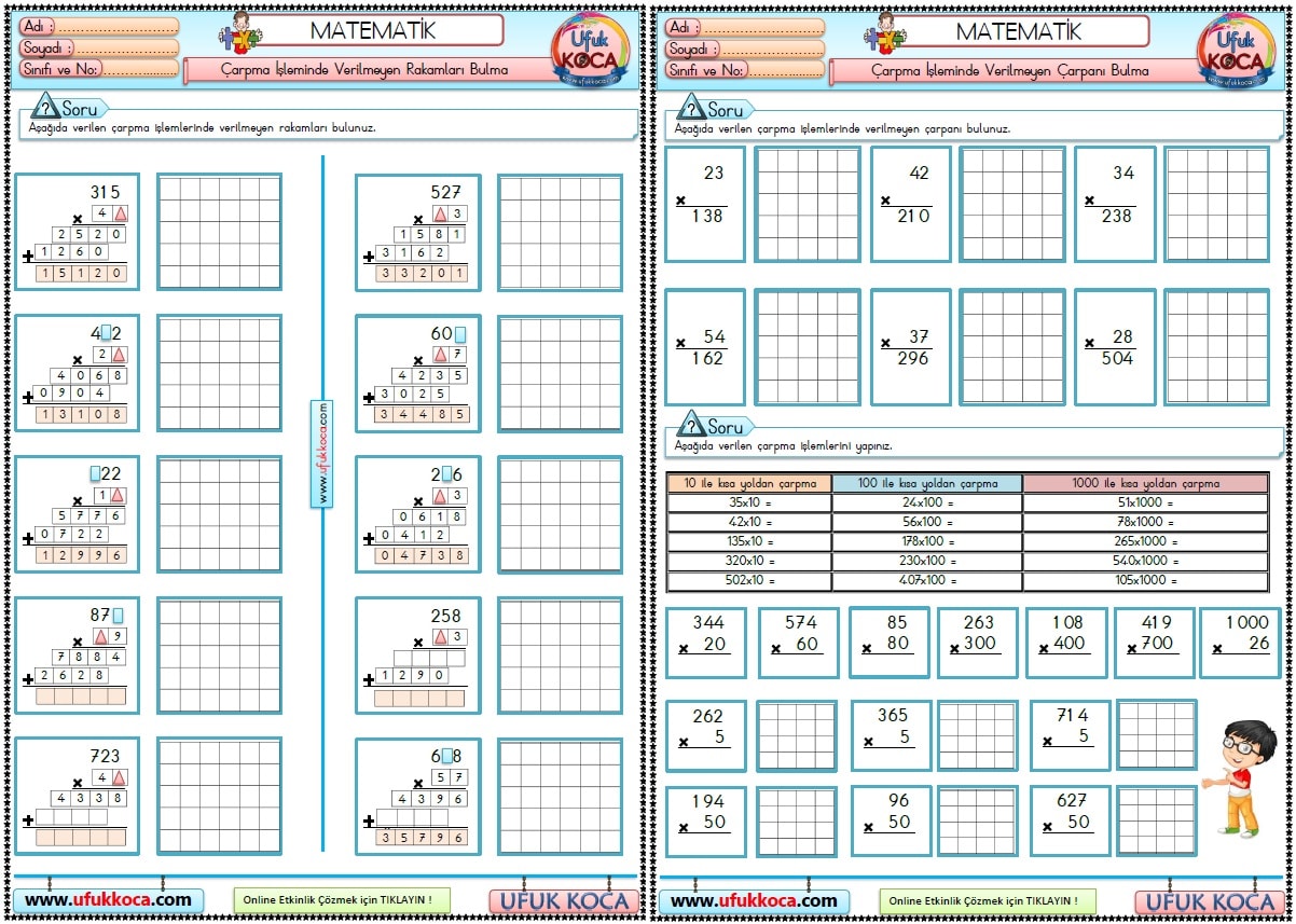 22 4 Sinif Matematik Carpma Islemi Etkinlikleri Verilmeyen