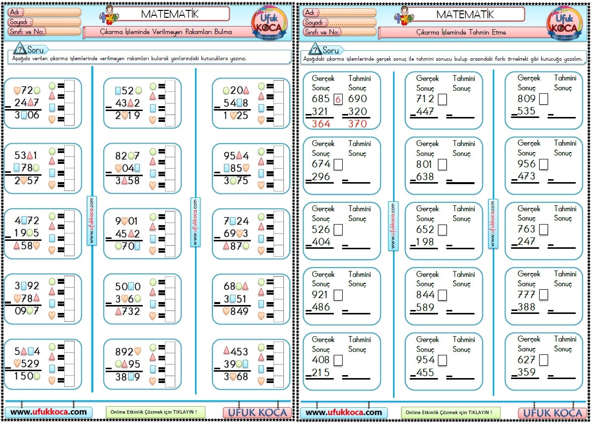 16 4 Sinif Matematik Cikarma Isleminde Verilmeyen Rakami Bulma