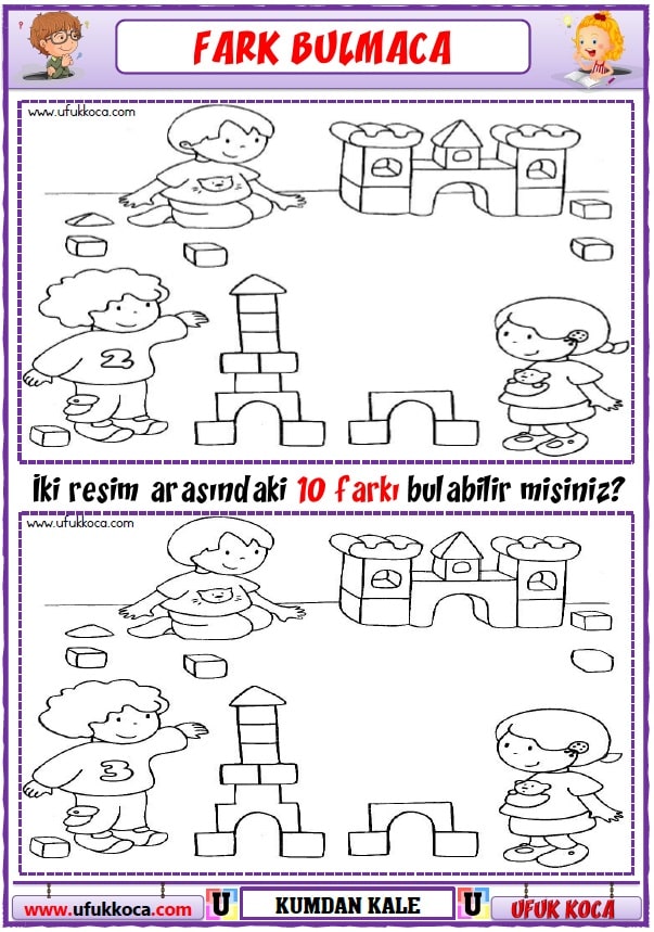1 Siniflar Icin Fark Bulmaca Siyah Beyaz Kumdan Kale Iki Resim Arasindaki 10 Farki Bulun