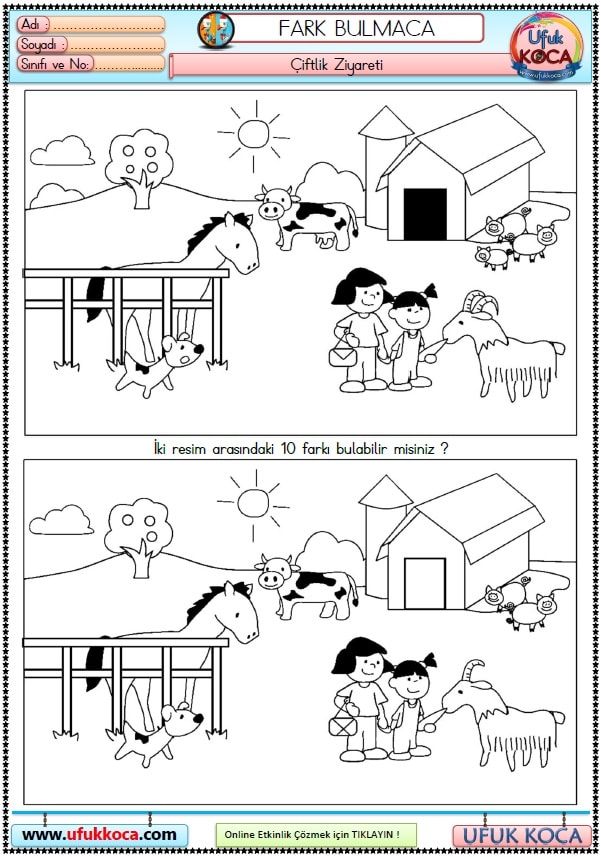 1 Siniflar Icin Fark Bulmaca Siyah Beyaz Ciftlik Ziyareti